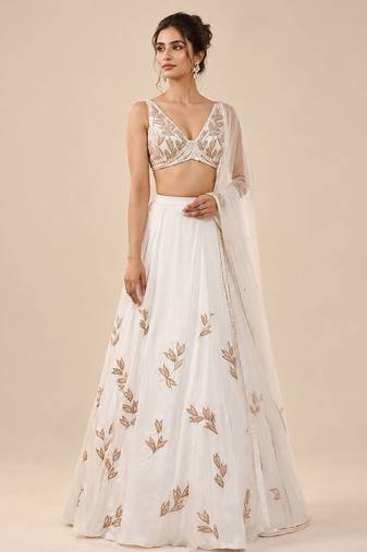 White Embroidered Satin Organza Lehenga Set With Net Dupatta