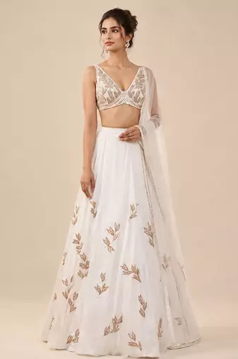White Embroidered Satin Organza Lehenga Set With Net Dupatta