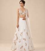 White Embroidered Satin Organza Lehenga Set With Net Dupatta