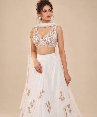 White Embroidered Satin Organza Lehenga Set With Net Dupatta 2