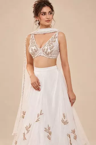 White Embroidered Satin Organza Lehenga Set With Net Dupatta