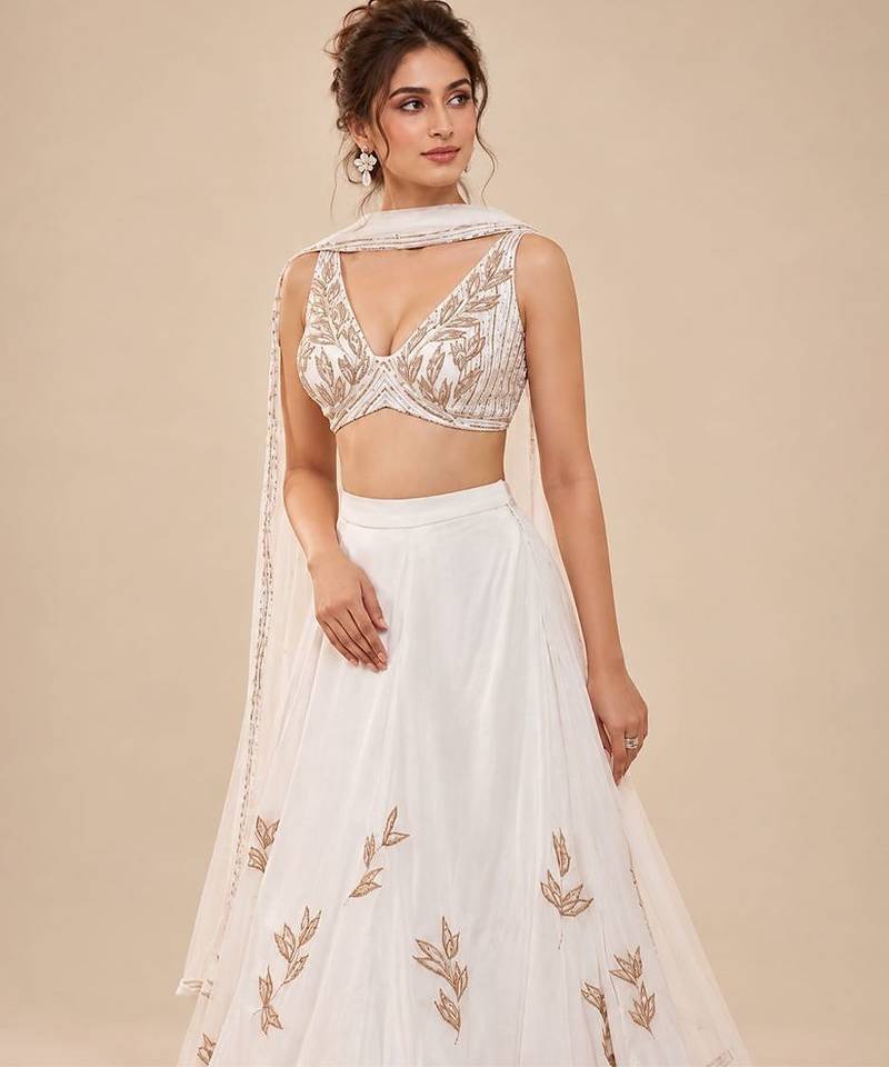White Embroidered Satin Organza Lehenga Set With Net Dupatta