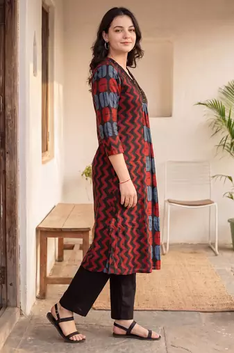 Black printed cotton kurta trouser set