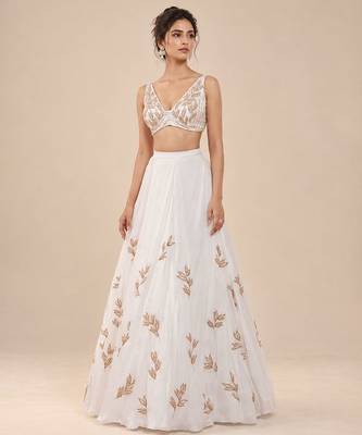White Embroidered Satin Organza Lehenga Set With Net Dupatta 3
