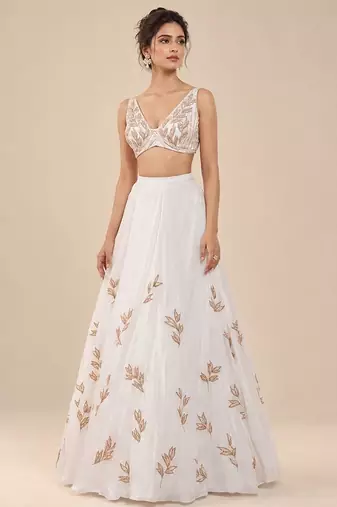 White Embroidered Satin Organza Lehenga Set With Net Dupatta