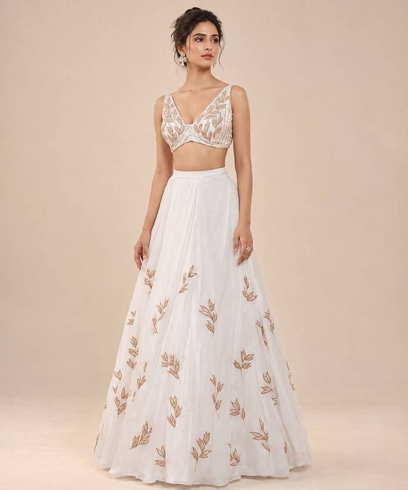 White Embroidered Satin Organza Lehenga Set With Net Dupatta