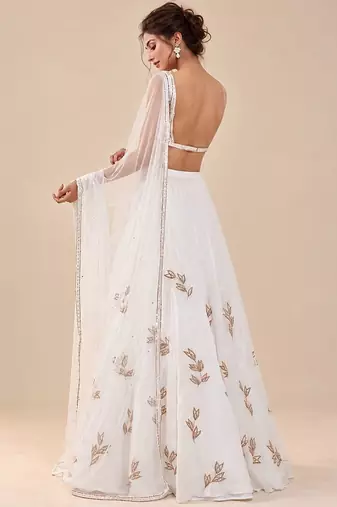 White Embroidered Satin Organza Lehenga Set With Net Dupatta
