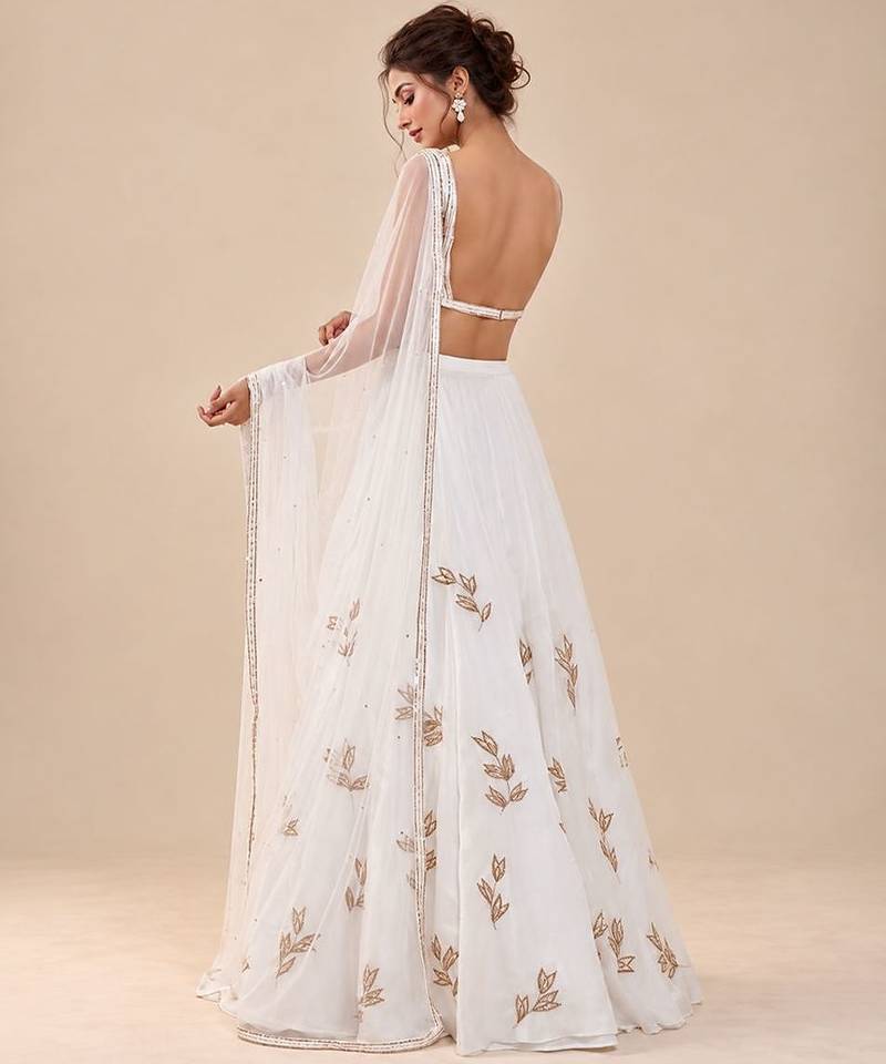 White Embroidered Satin Organza Lehenga Set With Net Dupatta