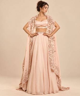 Rose Gold Embroidered Long Jacket Lehenga Set 1