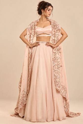 Rose Gold Embroidered Long Jacket Lehenga Set