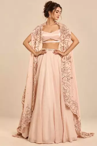 Rose Gold Embroidered Long Jacket Lehenga Set