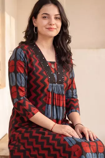 Black printed cotton kurta trouser set