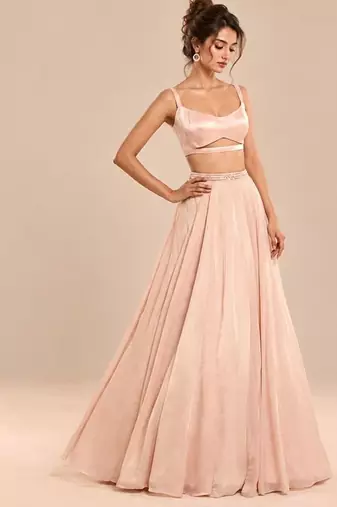 Rose Gold Embroidered Long Jacket Lehenga Set