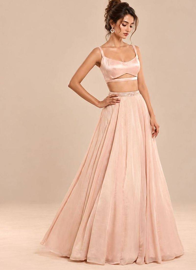 Rose Gold Embroidered Long Jacket Lehenga Set
