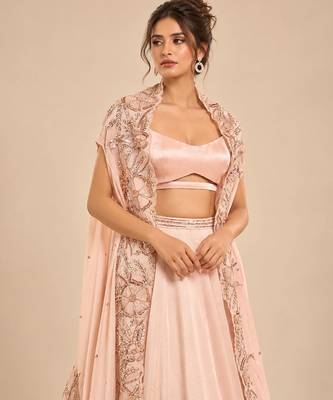 Rose Gold Embroidered Long Jacket Lehenga Set 3