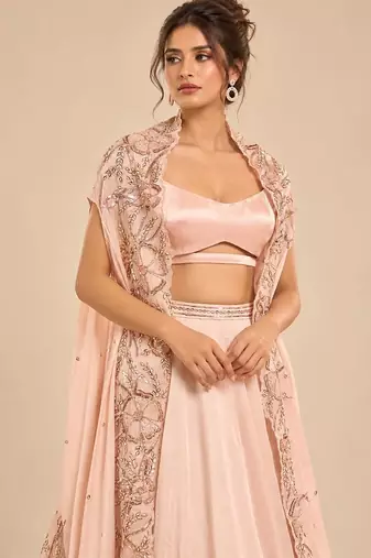Rose Gold Embroidered Long Jacket Lehenga Set