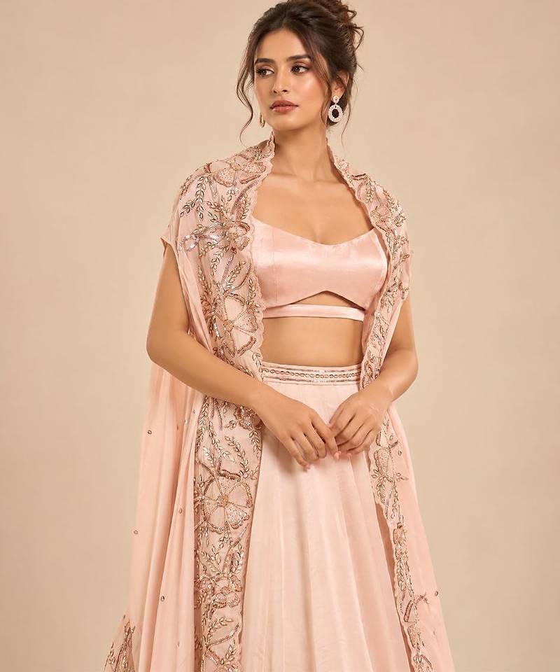 Rose Gold Embroidered Long Jacket Lehenga Set