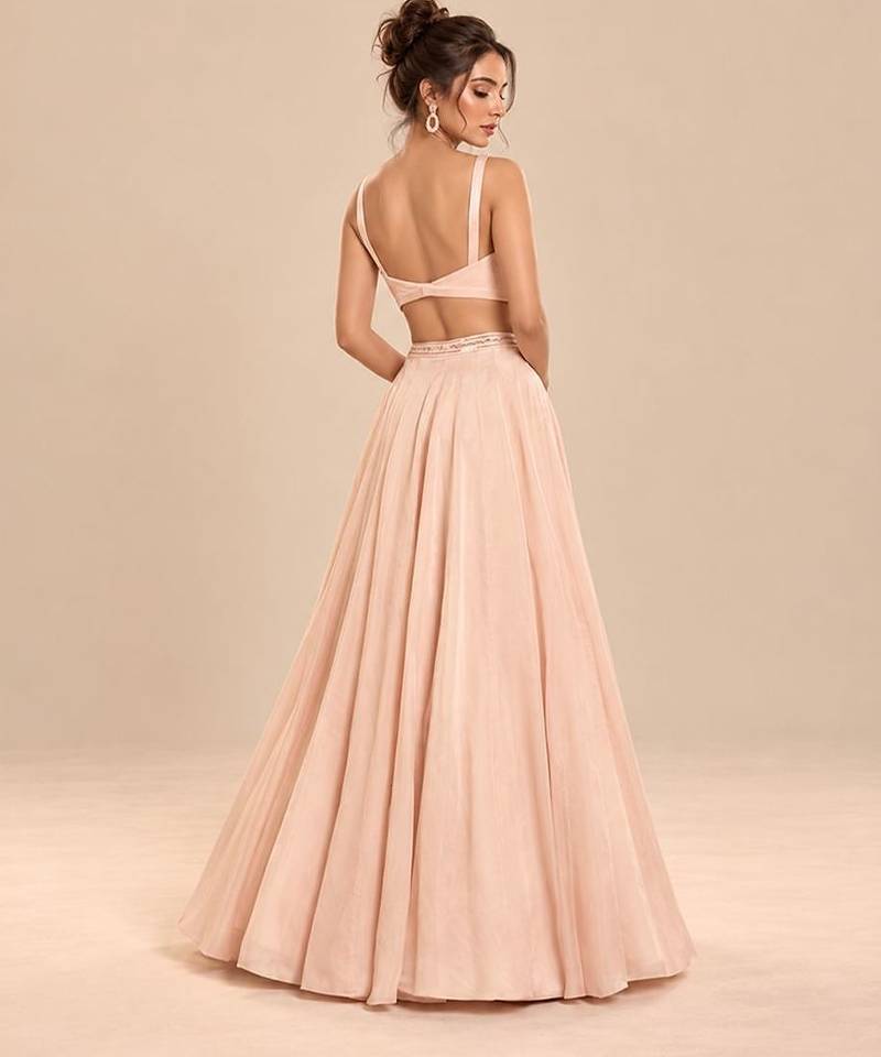 Rose Gold Embroidered Long Jacket Lehenga Set