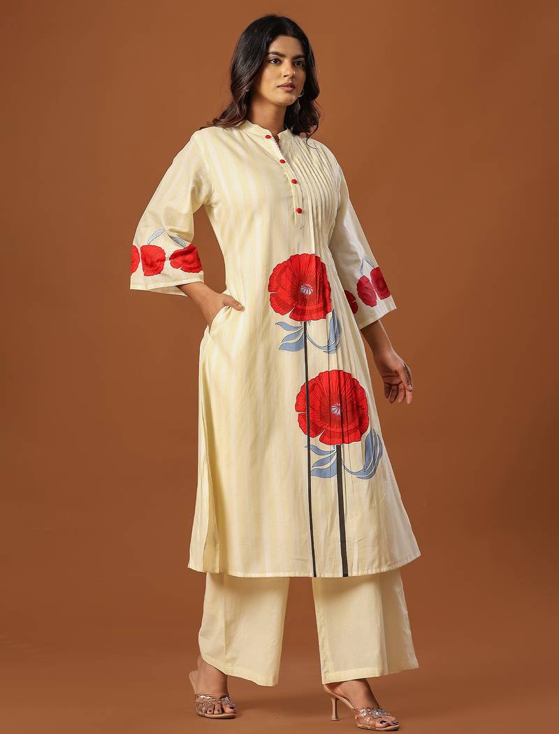 Off white printed cotton kurta trouser set