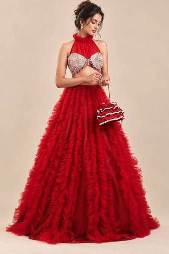 Red Embroidered Mashru Silk Blouse With Ruffle Lehenga And Potli Bag