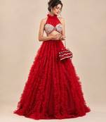 Red Embroidered Mashru Silk Blouse With Ruffle Lehenga And Potli Bag