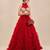 Red Embroidered Mashru Silk Blouse With Ruffle Lehenga And Potli Bag
