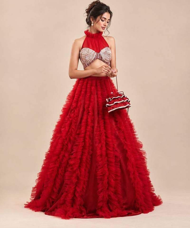 Red Embroidered Mashru Silk Blouse With Ruffle Lehenga And Potli Bag