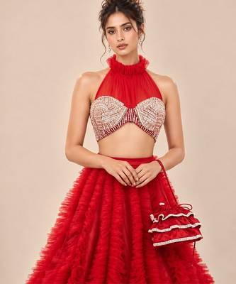 Red Embroidered Mashru Silk Blouse With Ruffle Lehenga And Potli Bag 2