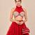 Red Embroidered Mashru Silk Blouse With Ruffle Lehenga And Potli Bag