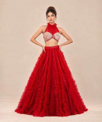 Red Embroidered Mashru Silk Blouse With Ruffle Lehenga And Potli Bag 3