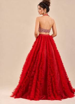 Red Embroidered Mashru Silk Blouse With Ruffle Lehenga And Potli Bag 4