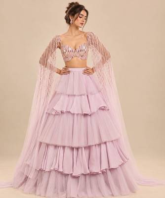 Lilac Ruffle Layered Lehenga With Embroidered Cape Attached Blouse 1