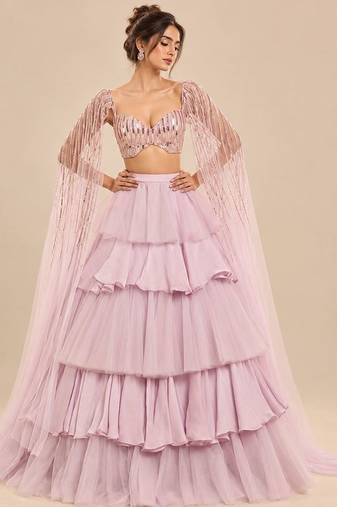 Lilac Ruffle Layered Lehenga With Embroidered Cape Attached Blouse