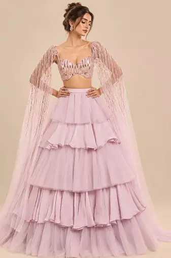Lilac Ruffle Layered Lehenga With Embroidered Cape Attached Blouse