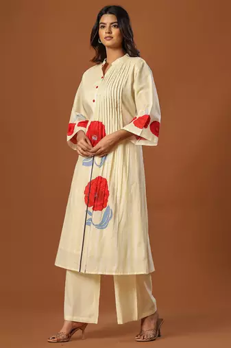 Off white printed cotton kurta trouser set