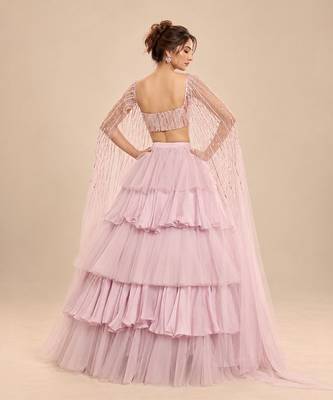 Lilac Ruffle Layered Lehenga With Embroidered Cape Attached Blouse 2