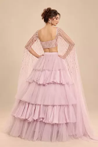 Lilac Ruffle Layered Lehenga With Embroidered Cape Attached Blouse