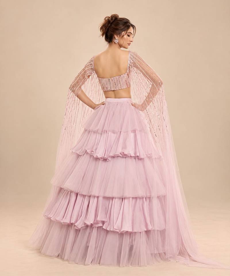 Lilac Ruffle Layered Lehenga With Embroidered Cape Attached Blouse