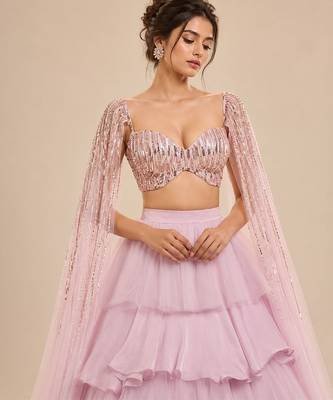 Lilac Ruffle Layered Lehenga With Embroidered Cape Attached Blouse 3