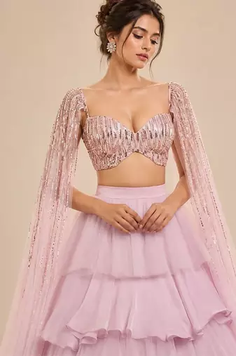 Lilac Ruffle Layered Lehenga With Embroidered Cape Attached Blouse