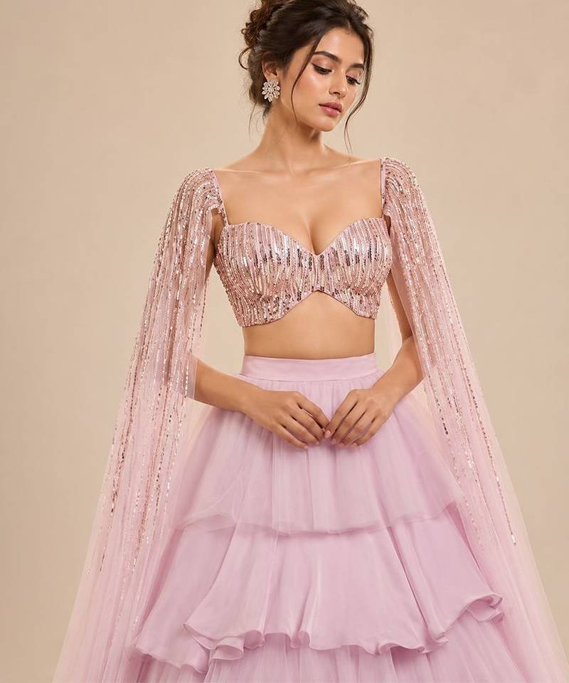 Lilac Ruffle Layered Lehenga With Embroidered Cape Attached Blouse