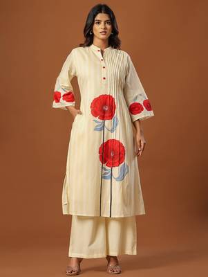 Off white printed cotton kurta trouser set 4