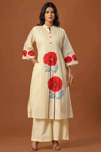 Off white printed cotton kurta trouser set