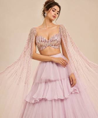 Lilac Ruffle Layered Lehenga With Embroidered Cape Attached Blouse 4