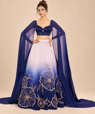 Lilac And Navy Blue Ombre Long Cape Attached Lehenga Set 1