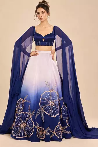 Lilac And Navy Blue Ombre Long Cape Attached Lehenga Set