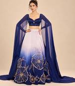 Lilac And Navy Blue Ombre Long Cape Attached Lehenga Set