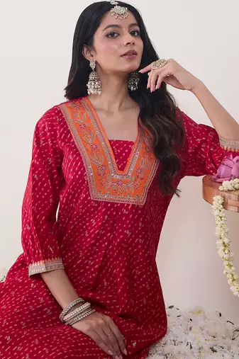 Pink embroidered silk kurta trouser set