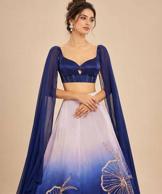 Lilac And Navy Blue Ombre Long Cape Attached Lehenga Set 2