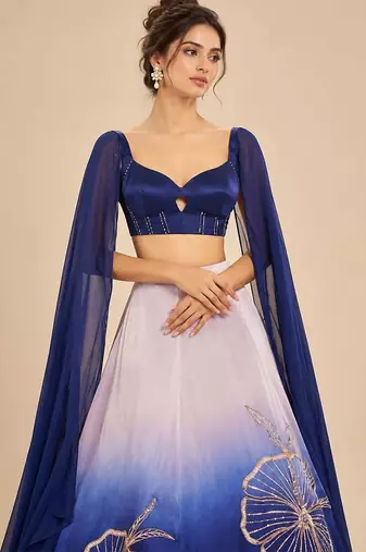 Lilac And Navy Blue Ombre Long Cape Attached Lehenga Set